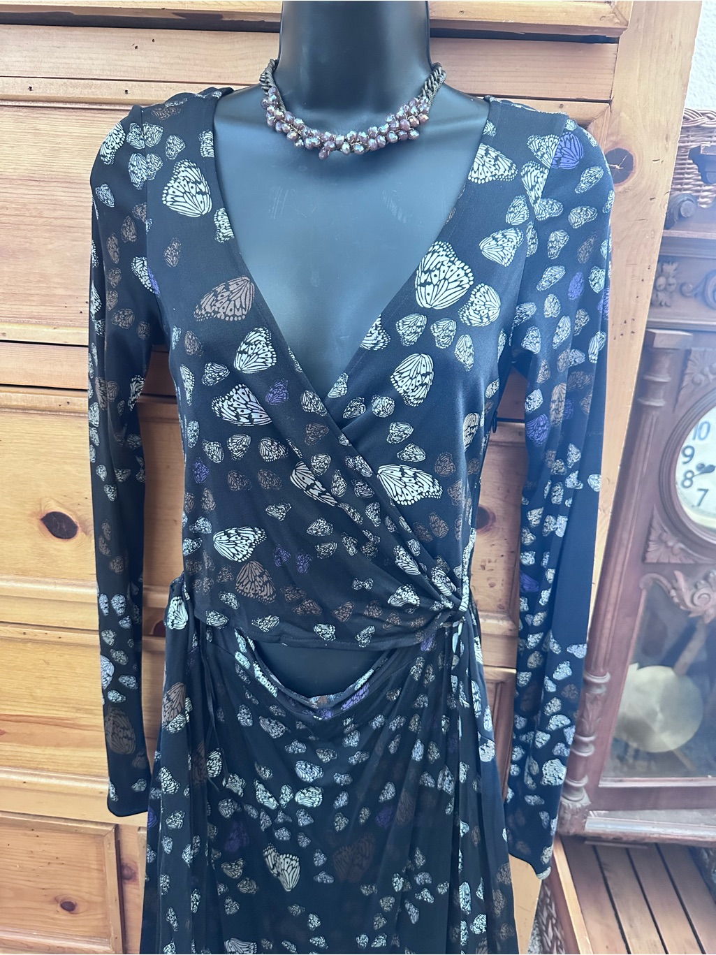 Issa London Black Long-Sleeve Wrap Dress With Butterfly Pattern Orig $495 Us 8